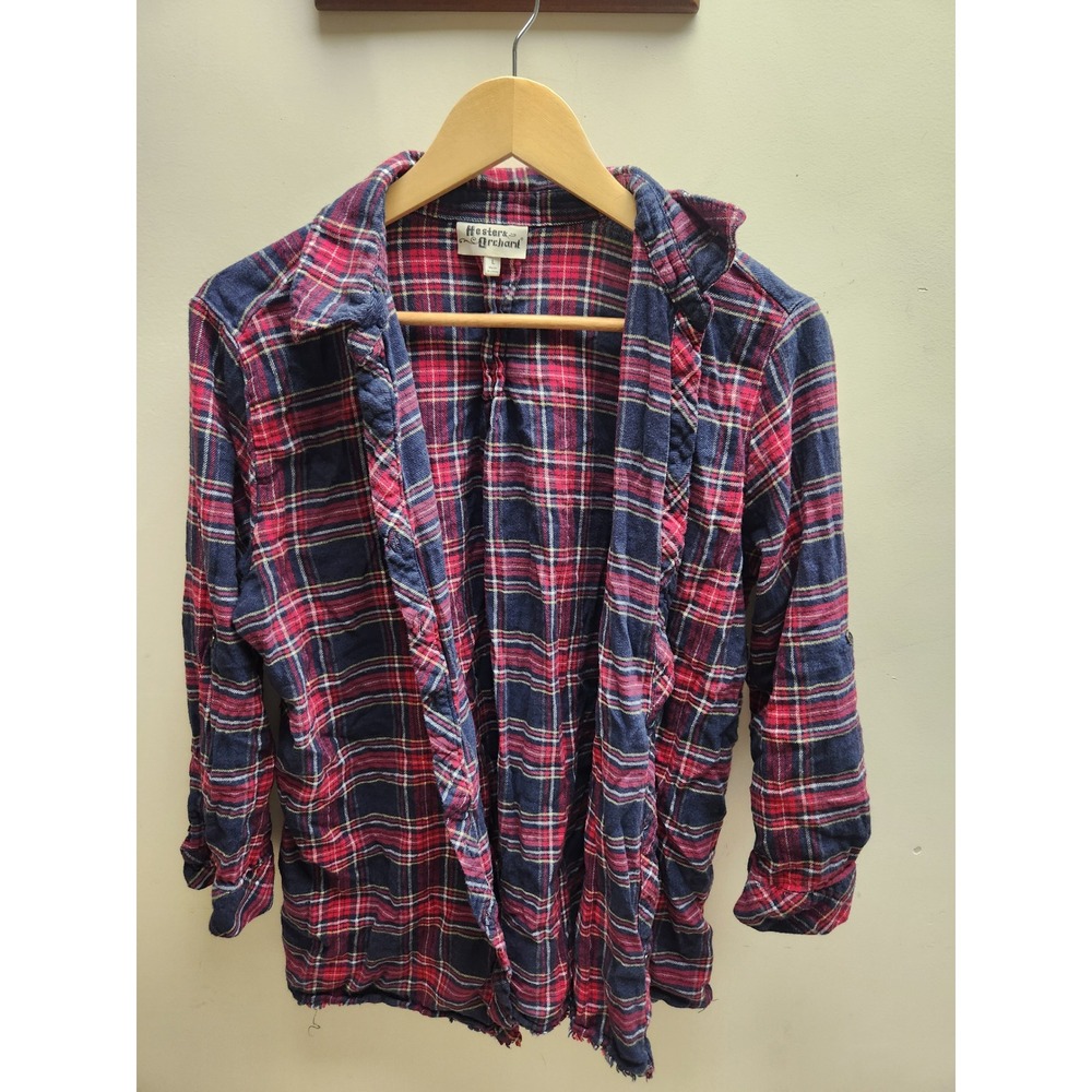 Hester & Orchard Womens Plaid Flannel Shirt Navy Blue Red Raw Hem Size L
